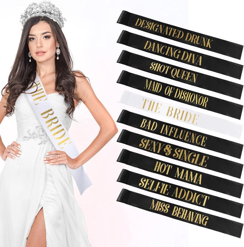 LEIFIDE 10 Pack Bride and Bridesmaid Sash Set Wedding Bachelorette Funny Team Gifts Sash Decorations for Woman Bride Bridesmaid of Honor Party Supplies(Black, White) - Image 1